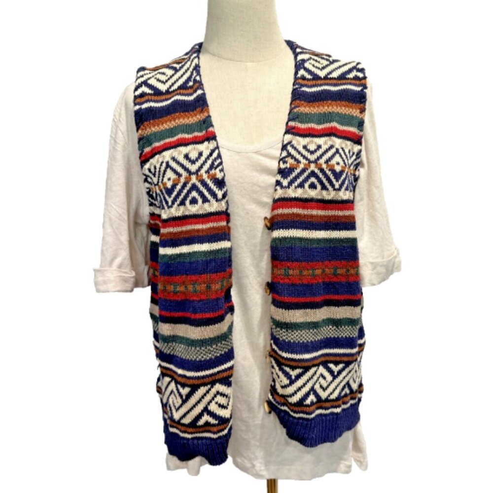 VTG CottageCore Women's P/M‎ Striped Sweater Vest Funky Bright Fair Isle Aztek